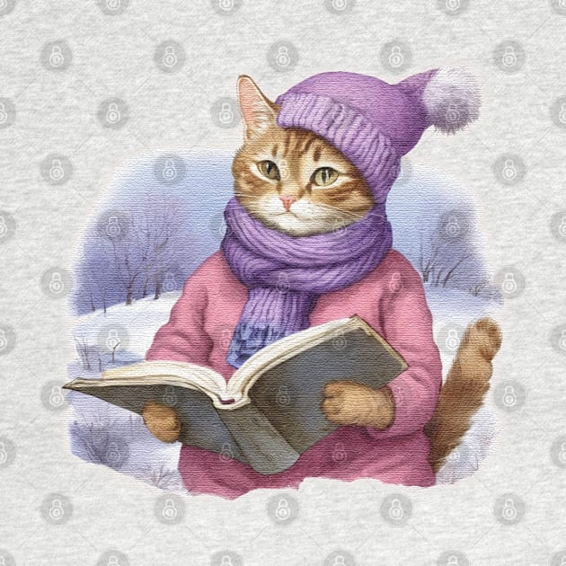 Adorable Cute Cat Read A Book wearing a  purple hat and scarf by JnS Merch Store